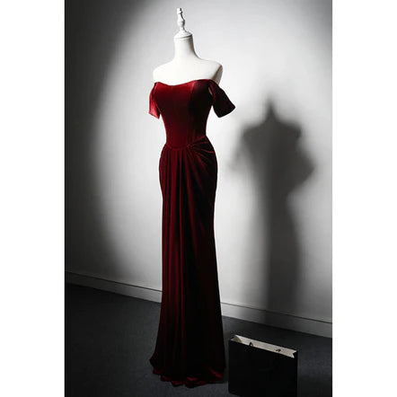 Wine Red Velvet Off Shoulder Long Mermaid Prom Dress